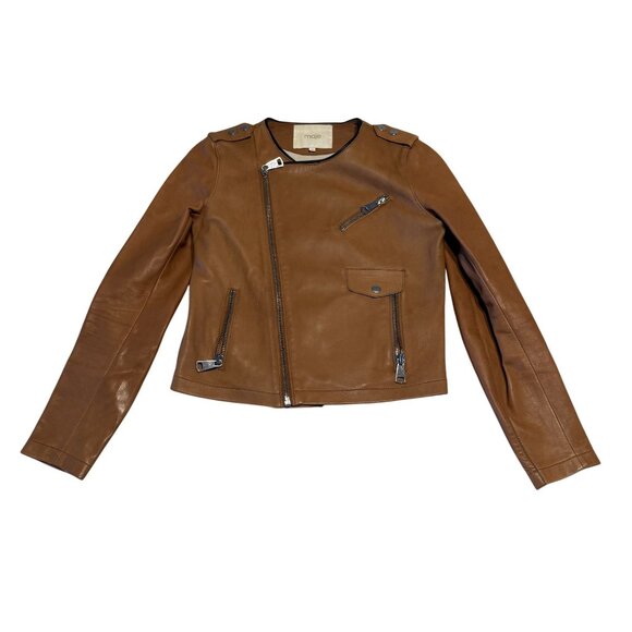 Maje Bluff Caramel Brown Leather Biker Jacket Women's Size IT 38 Medium M